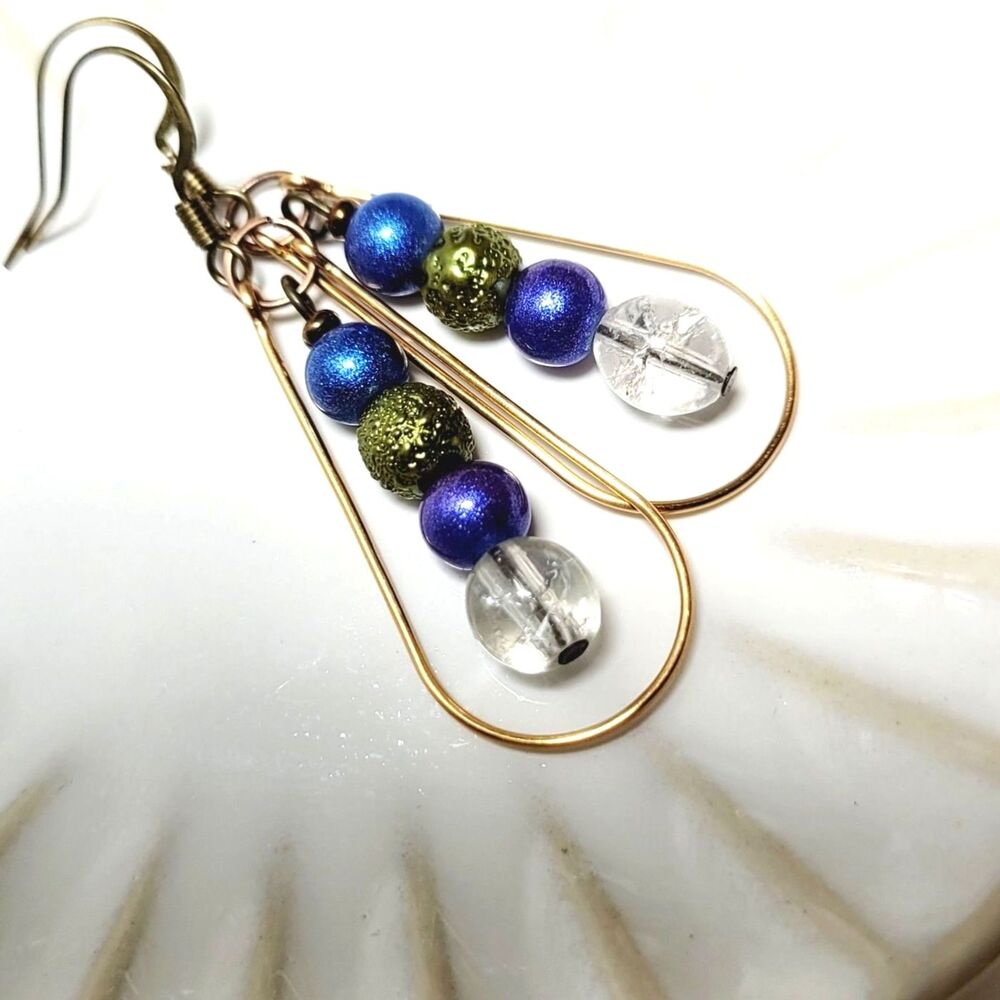 Blue Glass Antique.Bronze Hooks Hidden Meaning earrings Throwback Kid, Gim  358■